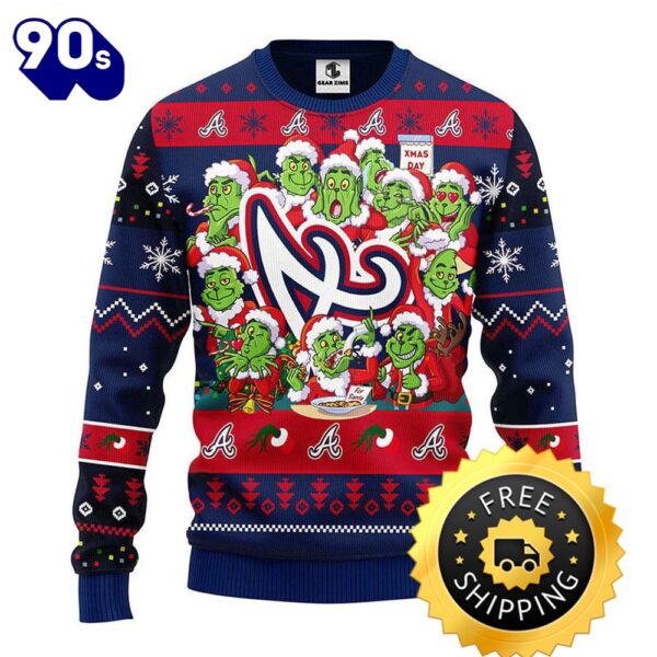 Atlanta Braves 12 Grinch Xmas Day Ugly Christmas Sweater, Atlanta Braves Ugly Sweater, MLB Christmas Sweater