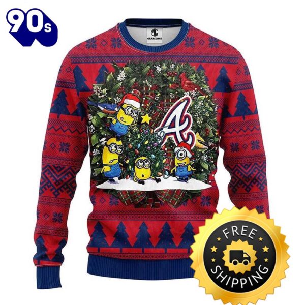 Atlanta Braves Minion Ugly Christmas Sweater, Atlanta Braves Ugly Sweater, MLB Christmas Sweater