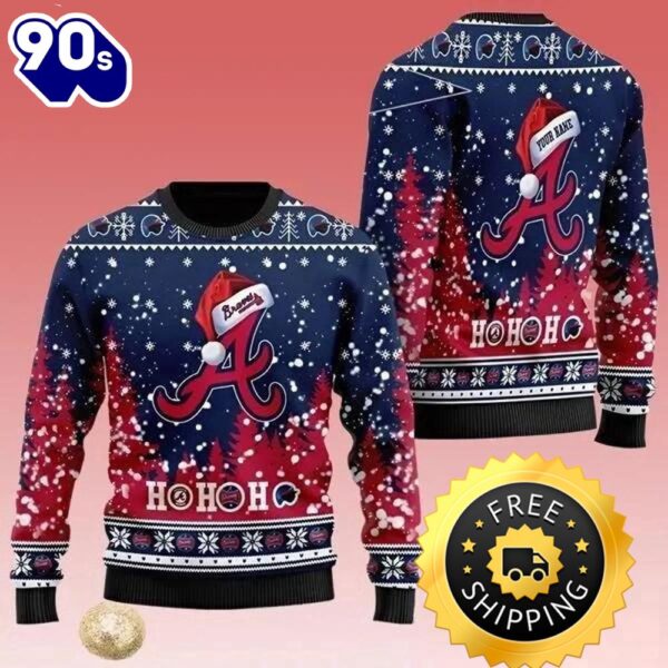 Atlanta Braves Santa Claus Ho Ho Ho Custom Ugly Christmas Sweater, Atlanta Braves Ugly Sweater, MLB Christmas Sweater