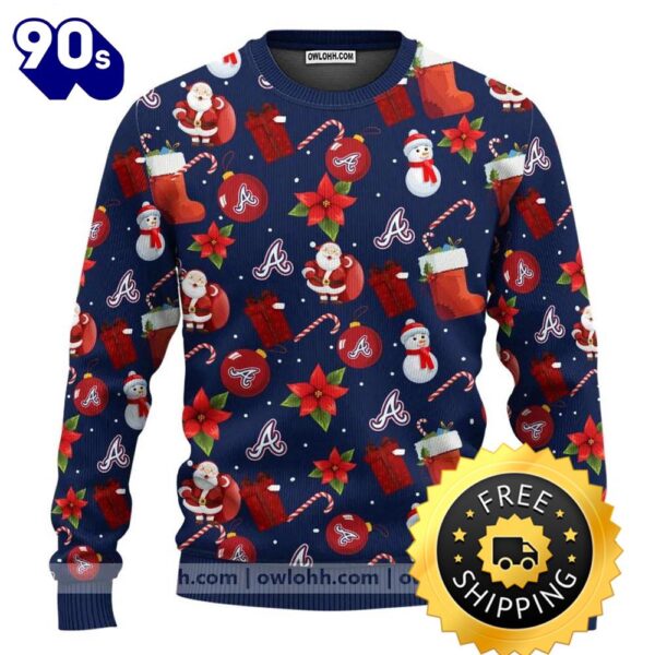 Atlanta Braves Santa Claus Snowman Ugly Christmas Sweater, Atlanta Braves Ugly Sweater, MLB Christmas Sweater