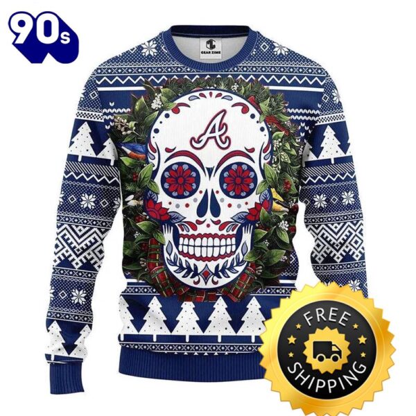 Atlanta Braves Skull Flower Ugly Christmas Sweater, Atlanta Braves Ugly Sweater, MLB Christmas Sweater