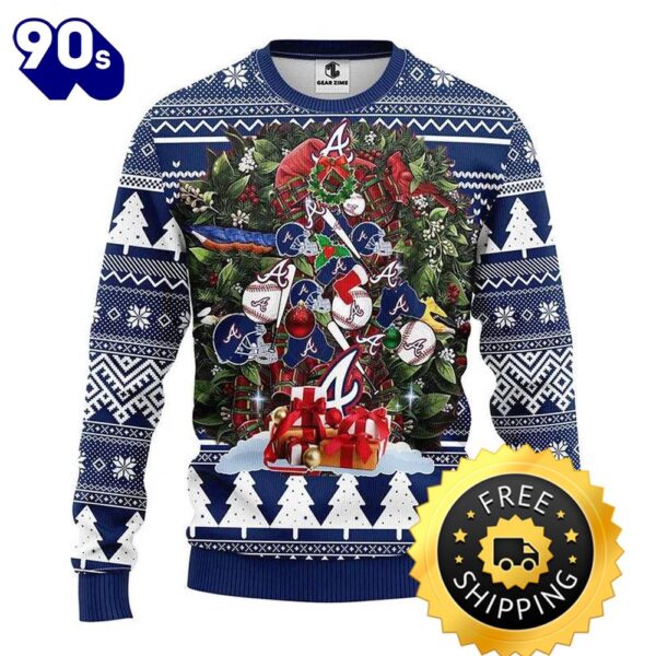 Atlanta Braves Tree Christmas Ugly Christmas Sweater, Atlanta Braves Ugly Sweater, MLB Christmas Sweater