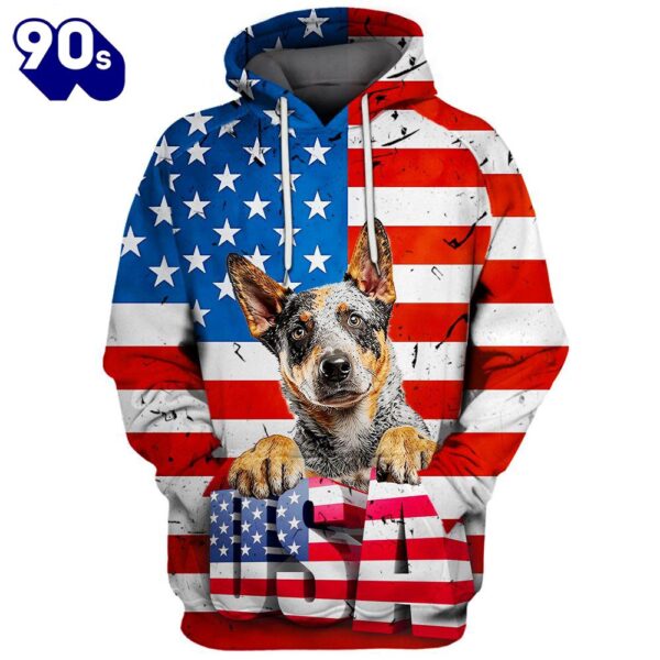 Australian Cattle Dog 3D Face Graphic Premium America Flag Hoodie   Gift Christmas