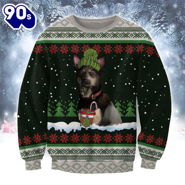 Australian Kelpie With Snow And Christmas Ugly Sweater