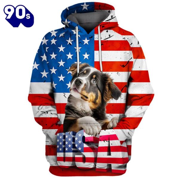 Australian Shepherd Dog 1 3D Face Graphic Premium America Flag Hoodie   Gift Christmas