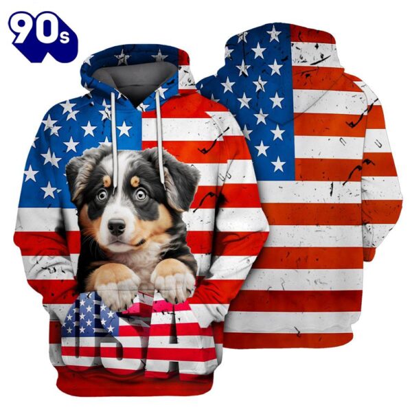 Australian Shepherd Dog 2 3D Face Graphic Premium America Flag Hoodie   Gift Christmas