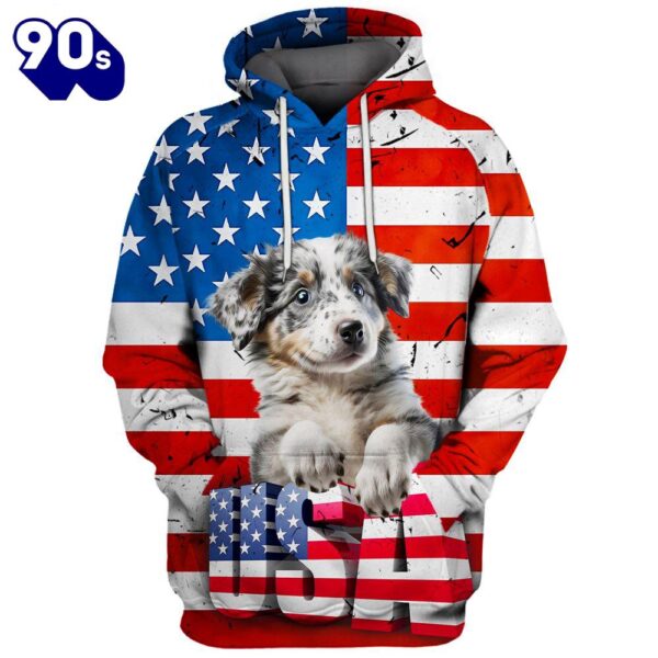 Australian Shepherd Dog 4 3D Face Graphic Premium America Flag Hoodie   Gift Christmas