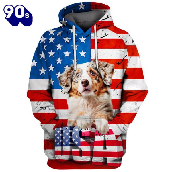 Australian Shepherd Dog 5 3D Face Graphic Premium America Flag Hoodie   Gift Christmas