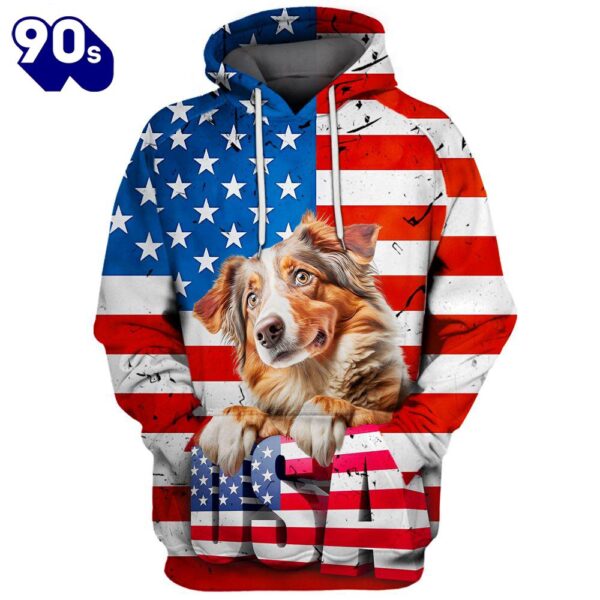 Australian Shepherd Dog 6 3D Face Graphic Premium America Flag Hoodie   Gift Christmas