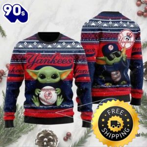 Baby Yoda And Grogu New York Yankees Christmas Ugly Sweater, New York Yankees Ugly Sweater, MLB Christmas Sweater