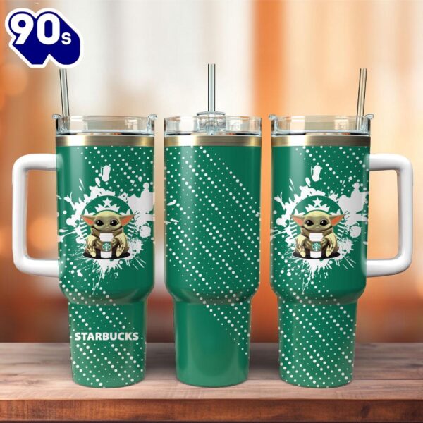 Baby Yoda And Star Buck Movie Custom Stanley Quencher 40oz Stainless Steel Tumbler With Handle  For Fans
