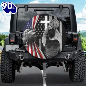 Basketball Player American Flag Jesus Christ Bible Spare Tire Cover – Christian Tire Cover Car Decor