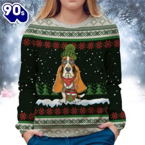 Basset Hound With Snow And Christmas Ugly Sweater