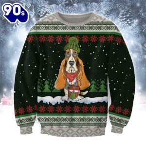 Basset Hound With Snow And Christmas Ugly Sweater