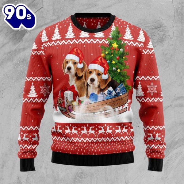 Beagle Dashing Pinetree Deer Snowflower Pattern Ugly Christmas Sweater