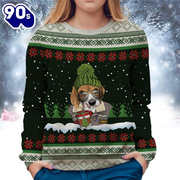 Beagle With Snow And Christmas Ugly Sweater