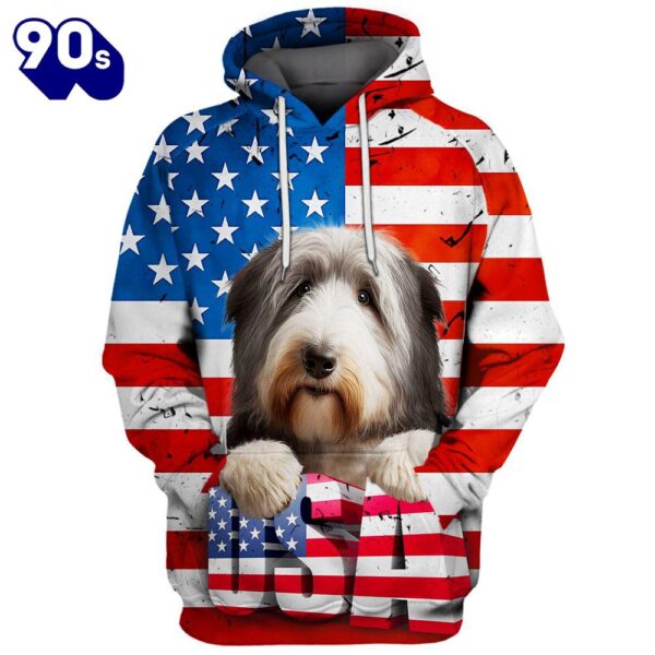 Bearded Collie Dog 3D Face Graphic Premium America Flag Hoodie   Gift Christmas