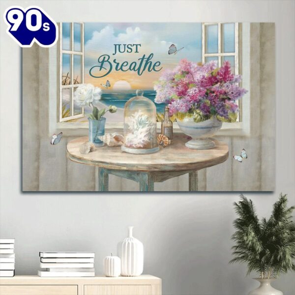 Beautiful Flowers Seashells Coral Sunrise View Butterfly Painting Just Breathe Canvas Wall Art  Gift Christmas