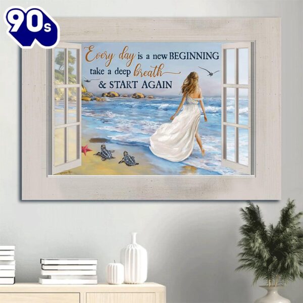 Beautiful Girl Summer Vibe Sea Turtle Every Day Is A New Beginning Canvas Wall Art  Gift Christmas