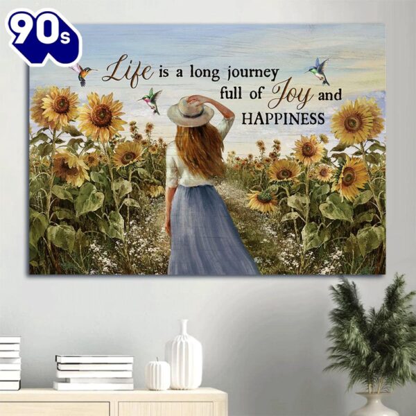 Beautiful Girl Sunflower Field Colorful Hummingbirds Canvas Life Is A Long Journey Canvas Wall Art  Gift Christmas