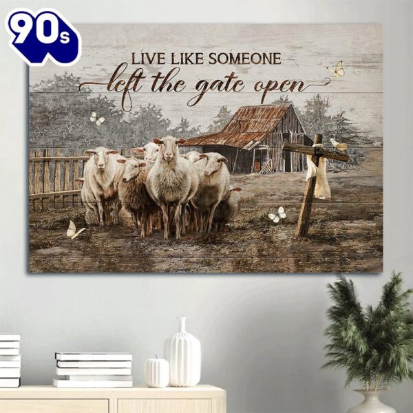 Beautiful Goat Painting Farm Drawing Wooden Cross White Butterfly Live Like Someone Left The Gate Open Canvas Wall Art  Gift Christmas