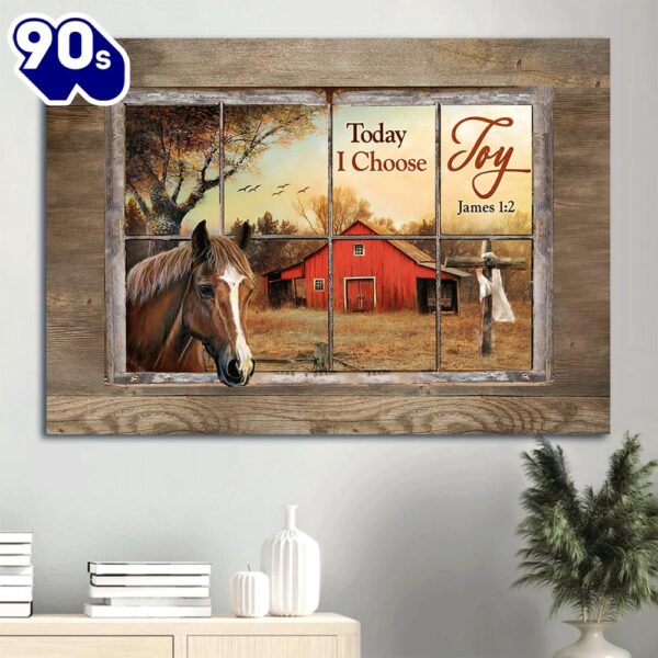 Beautiful Horse Colorful Sunset Red House Cross Canvas Today I Choose Joy Canvas Wall Art