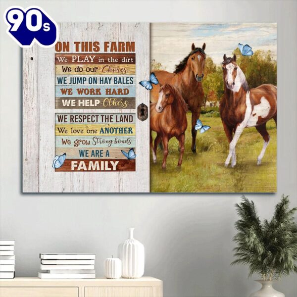 Beautiful Horse Drawing Green Meadow Blue Butterfly On This Farm We Play In The Dirt Canvas Wall Art