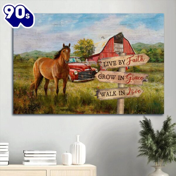 Beautiful Horse Drawing Red House Live By Faith Grow In Grace Walk In Love Canvas Wall Art