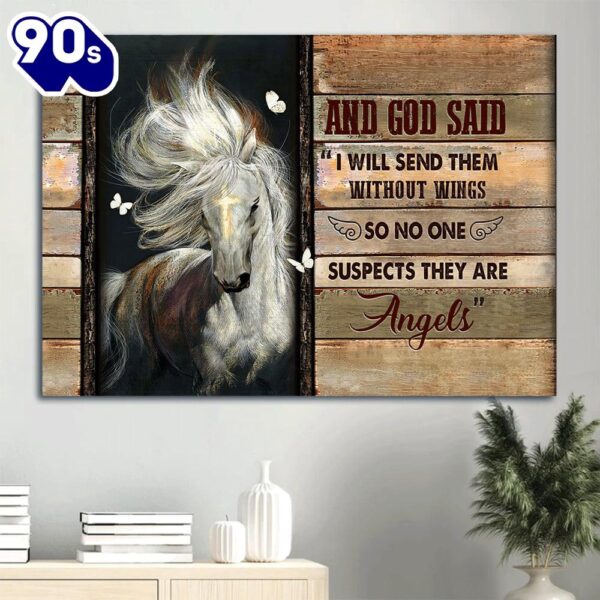 Beautiful Horse Golden Cross White Butterfly I Will Send Them Without Wings Canvas Wall Art