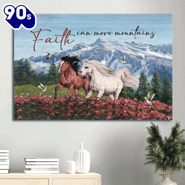 Beautiful Horses Pink Flower Field Hummingbird Faith Can Move Mountains Canvas Wall Art