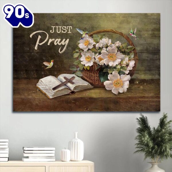 Beautiful Jasmine Wooden Cross Colorful Hummingbird Canvas Just Pray Canvas Wall Art