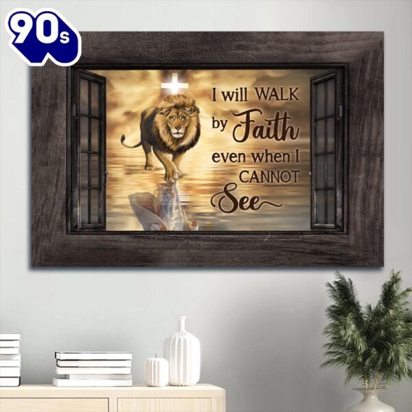 Beautiful Lion Drawing Orange Sunset Jesus Symbol I Will Walk By Faith Canvas Wall Art