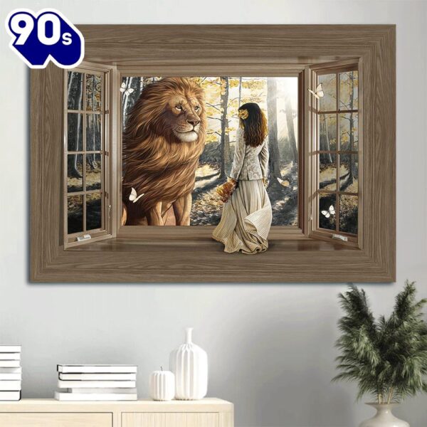 Beautiful Lion Wooden Window Pretty Girl Sunny Day Canvas Wall Art