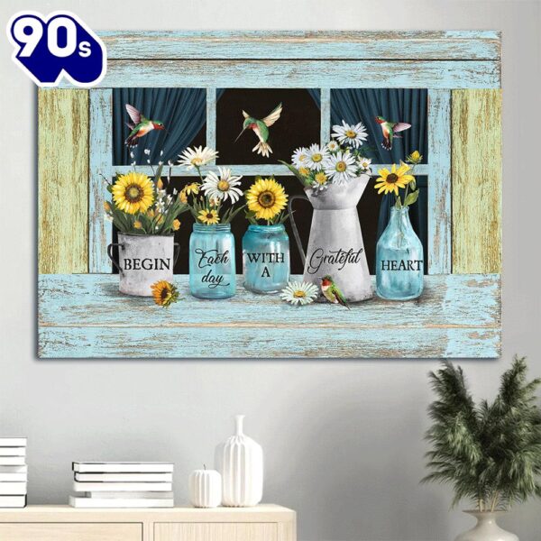 Beautiful Sunflower Daisy Drawing Begin Each Day With A Grateful Heart Canvas Wall Art