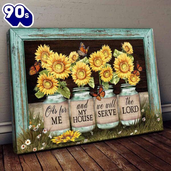 Beautiful Sunflower Jars Butterfly Picture Frame We Will Serve The Lord Canvas Wall Art