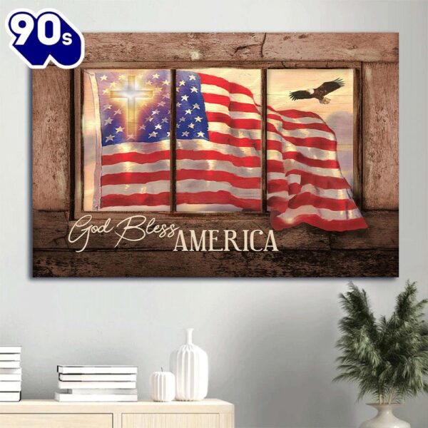 Beautiful Us Flag Cross Symbol Vintage Window God Bless America Canvas Wall Art