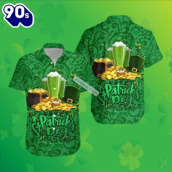 Beer Horseshoe Shamrock Pot Of Gold St Patricks Green Hawaiian Print Shirt 2025