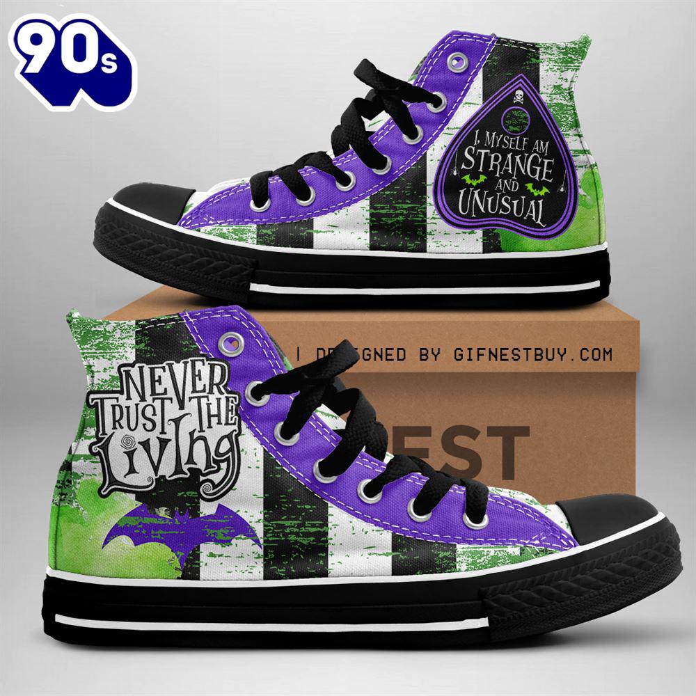 Beetlejuice Strange And Unusual, Never Trust The Living, Beetlejuice High Top Canvas Shoes For Fans Beetlejuice Strange And Unusual, Never Trust The Living, Beetlejuice High Top Canvas Shoes For Fans