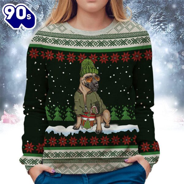 Belgian Shepherd With Snow And Christmas Ugly Sweater