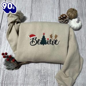 Believe Christmas Embroidery Sweatshirt, Christmas Tree Embroidered Crewneck