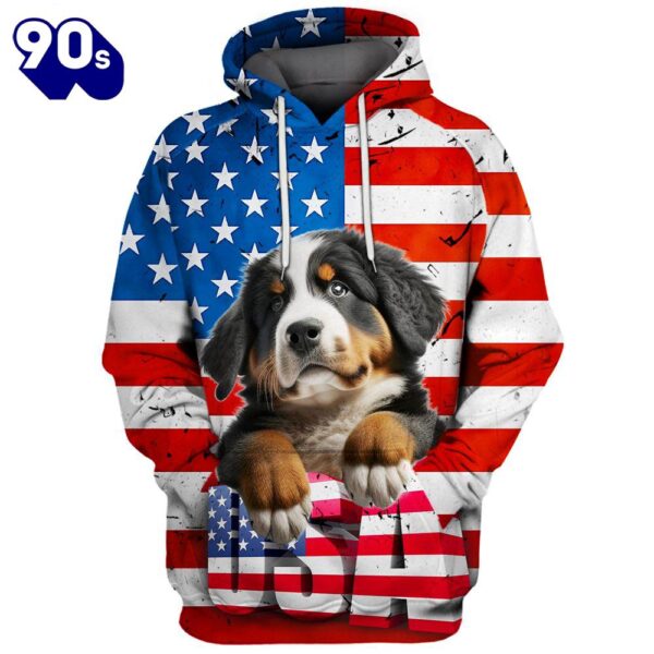 Bernese Mountain Dog 3D Face Graphic Premium America Flag Hoodie   Gift Christmas