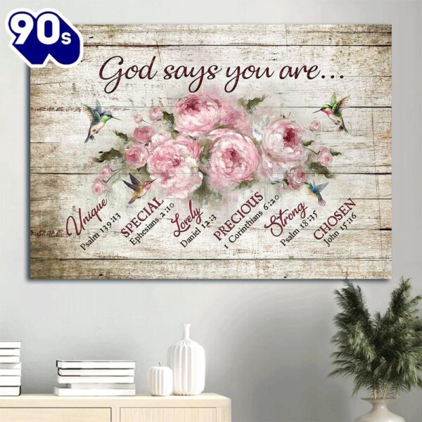 Bible Verse Watercolor Hummingbird Pink Flower Painting God Says You Are Canvas Wall Art  Gift Christmas