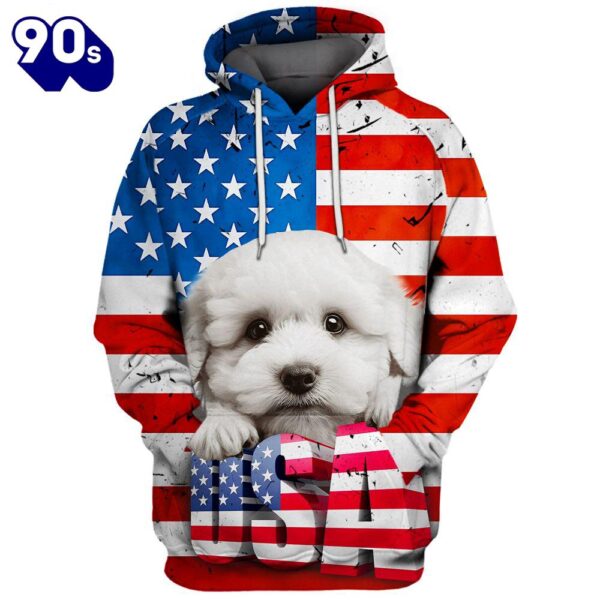 Bichon Frise Dog 3D Face Graphic Premium America Flag Hoodie   Gift Christmas