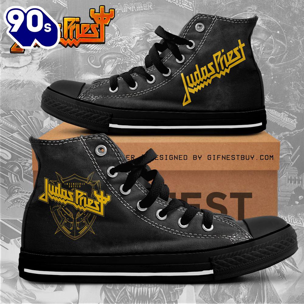 Black And Yellow Judas Priest Shoes, Judas Priest High Top Canvas Shoes, Judas Priest Gift For Fans Black And Yellow Judas Priest Shoes, Judas Priest High Top Canvas Shoes, Judas Priest Gift For Fans