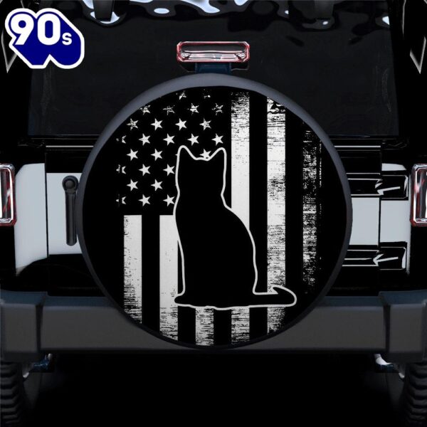 Black Cat American Us Flag Car Spare Tire Covers Gift For Campers