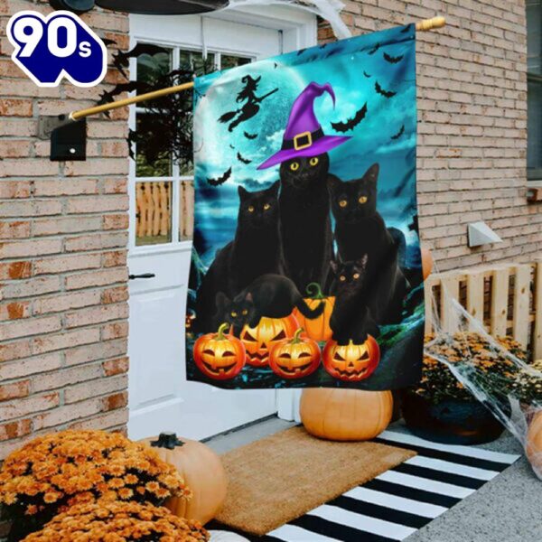 black cats with pumpkins halloween flag