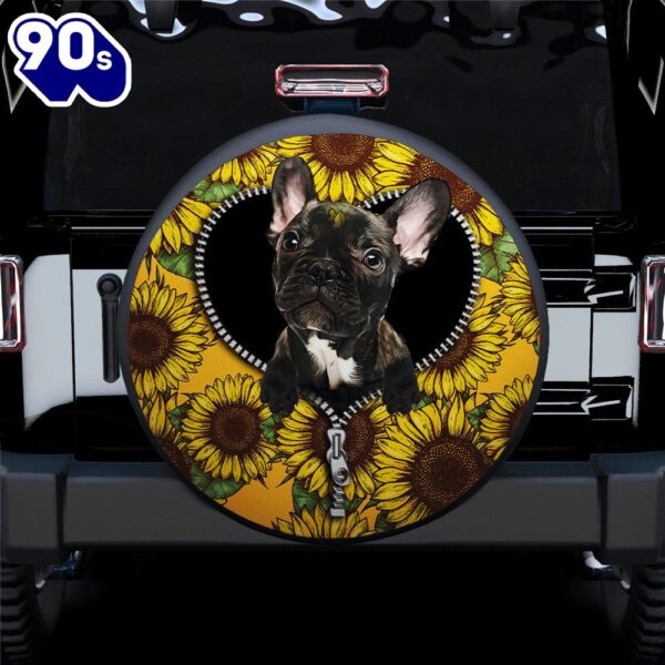 Black French Bulldog Sunflower Zipper Car Spare Tire Covers Gift For Campers