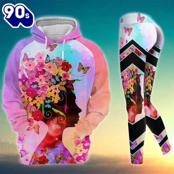 Black Girl African All Over Print Leggings Hoodie Set Outfit For Women Flower