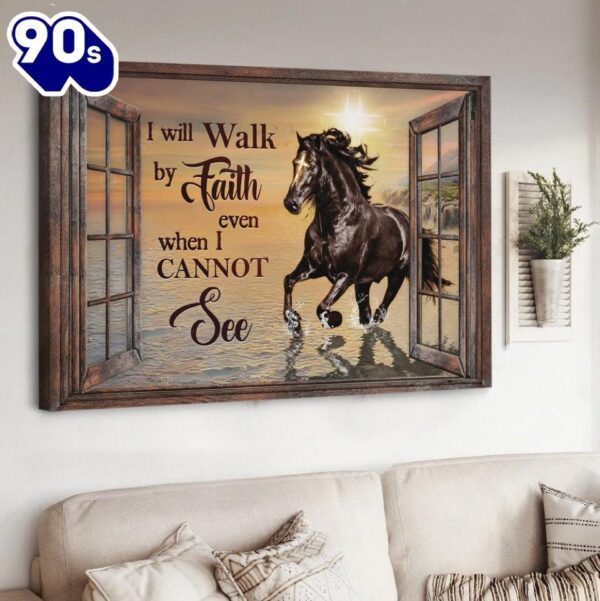 Black Horse Pretty Sunset I Will Walk By Faith Canvas Wall Art   Gift Christmas