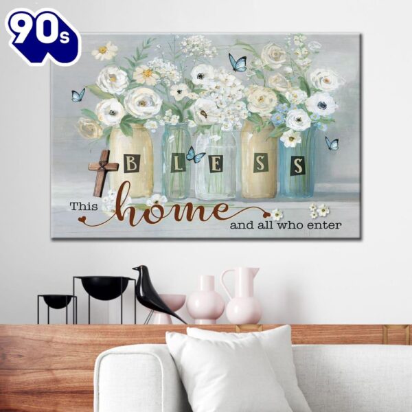 Bless This Home And All Who Enter Wall Art Canvas, Butterfly Flower Christian Wall Decor  Gift Christmas